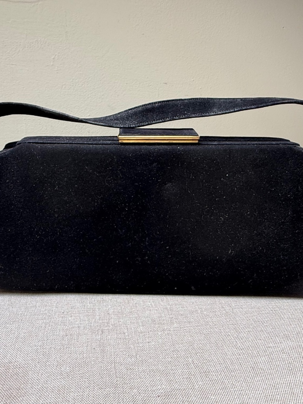 Vintage 1960s Black Suede Lewis Evening Bag With Gold Clasp